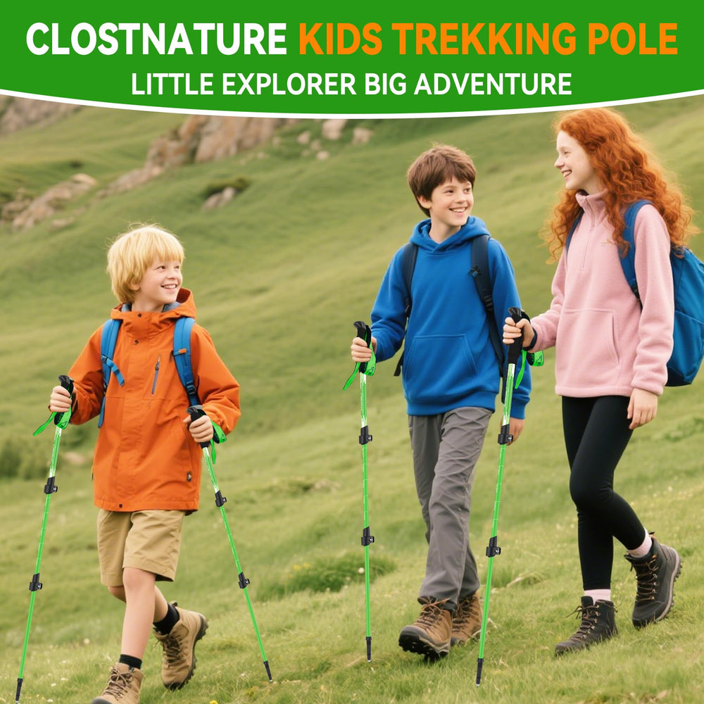 Clostnature child using poles on trail, improves balance and outdoor confidence