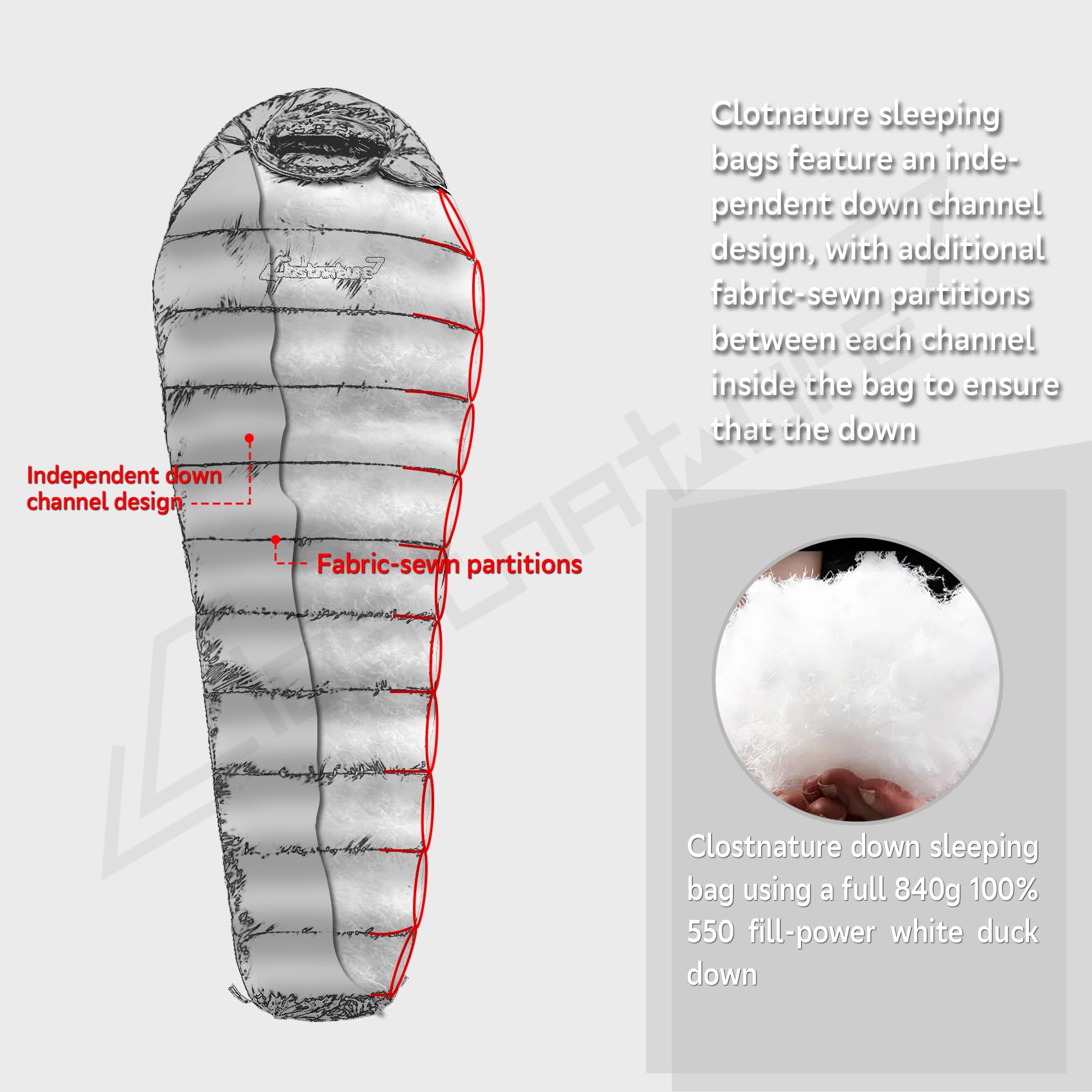 Clostnature internal pocket and stitches securing small items and fill distribution