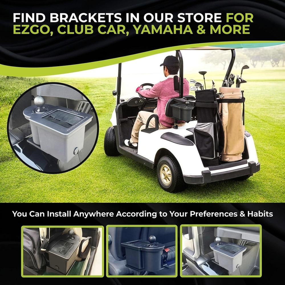 Club Clean mounted with universal bracket on a golf car for secure on-course use