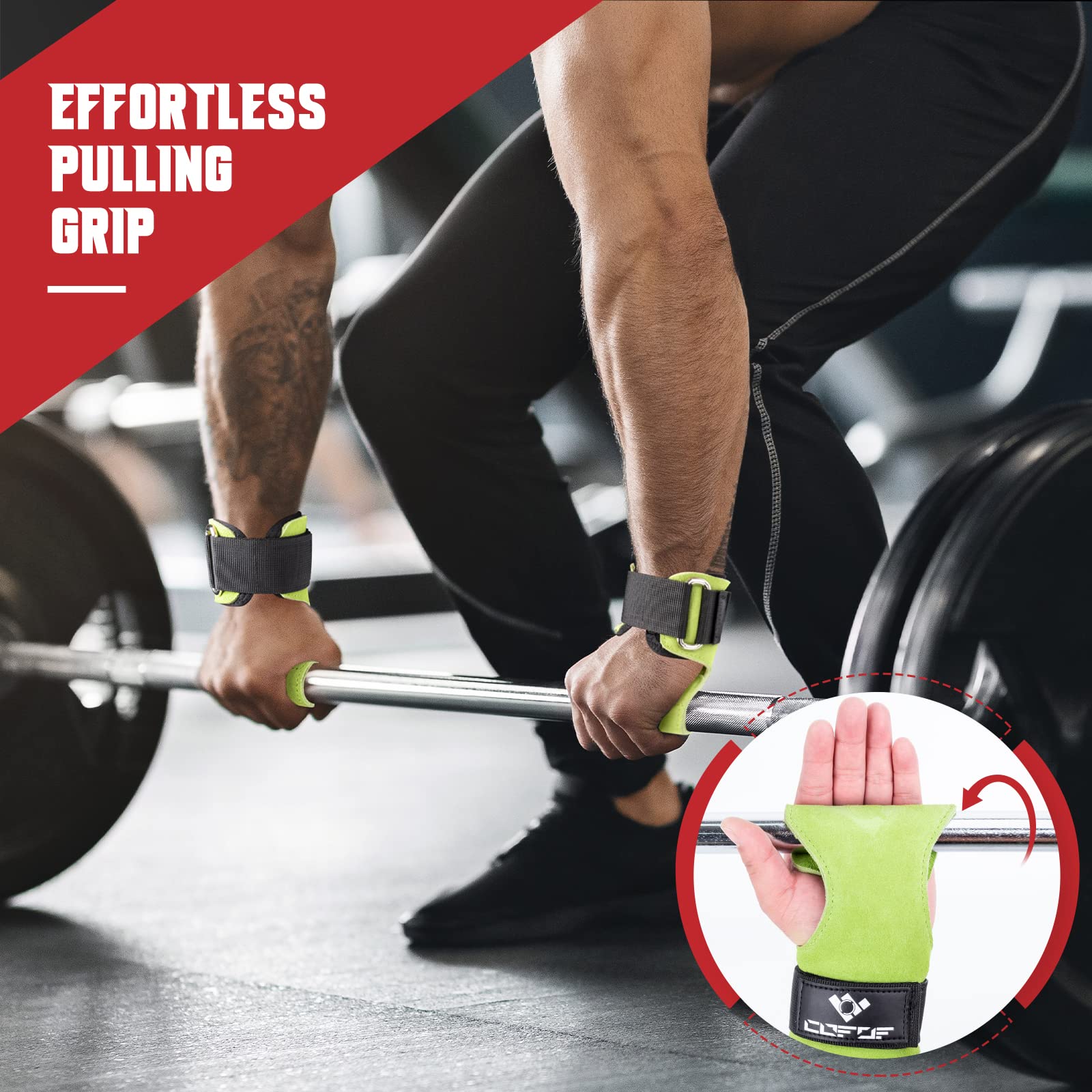 COFOF wrist straps in use during deadlift illustrating improved lift support