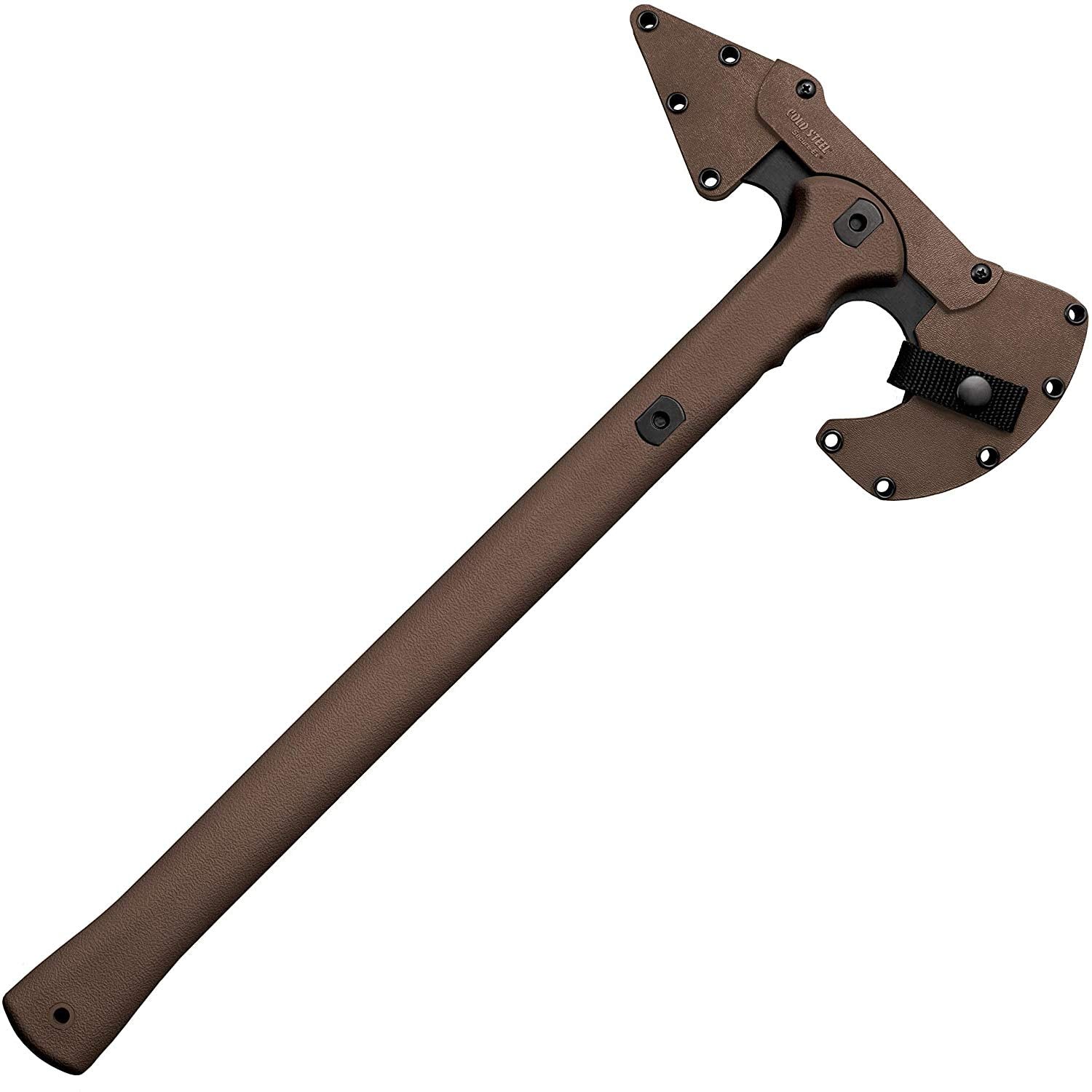 Cold Steel Trench Hawk blade close-up highlighting 1055 carbon steel edge for durable cutting