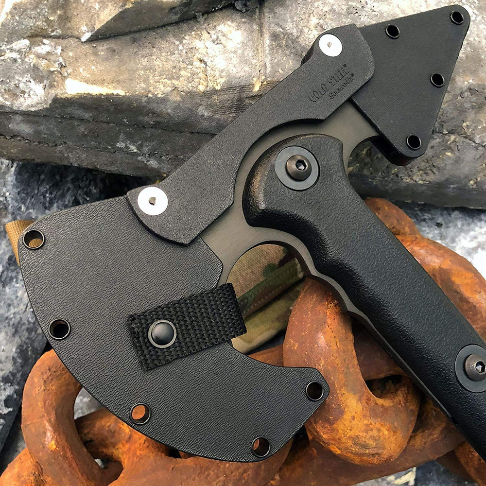 Cold Steel Trench Hawk in camping scene illustrating versatile outdoor utility and throwing