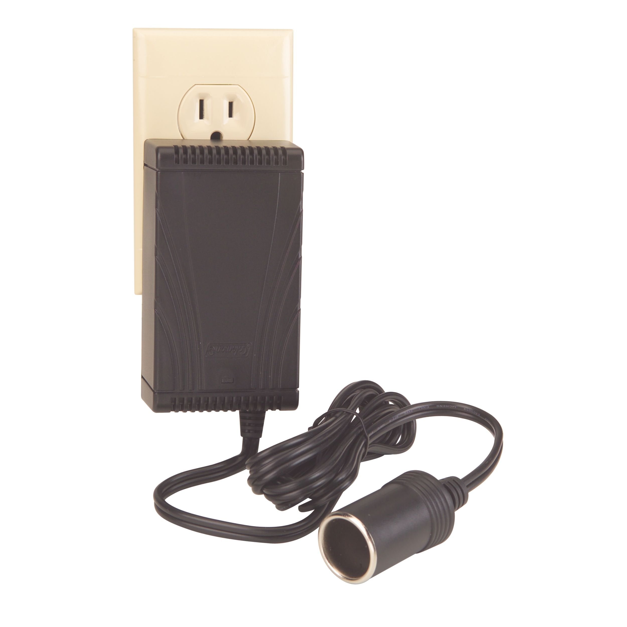 Coleman adapter front view showing housing and cord, brand reliability and easy storage