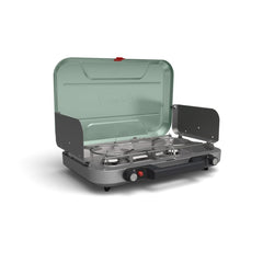 Coleman Cascade 328 front view showing stove and carry handle for easy transport