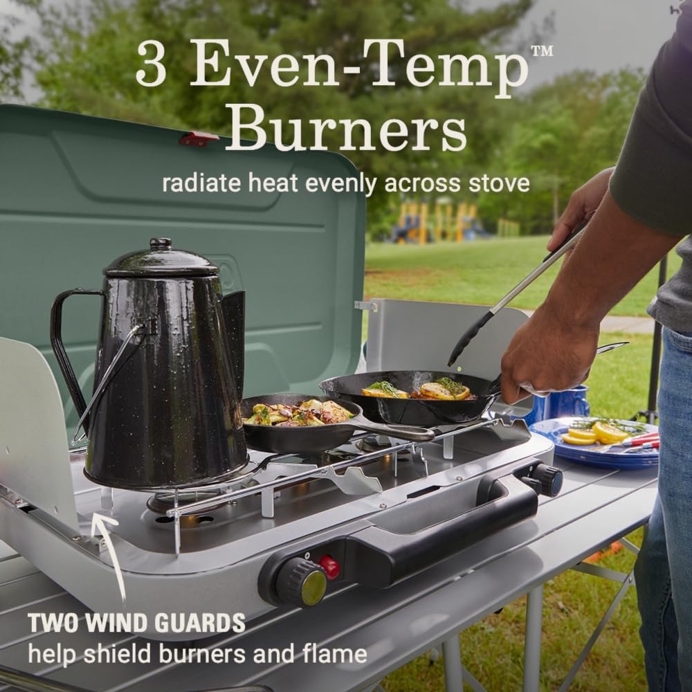 Coleman Cascade 328 top view displaying three Even-Temp burners for even cooking