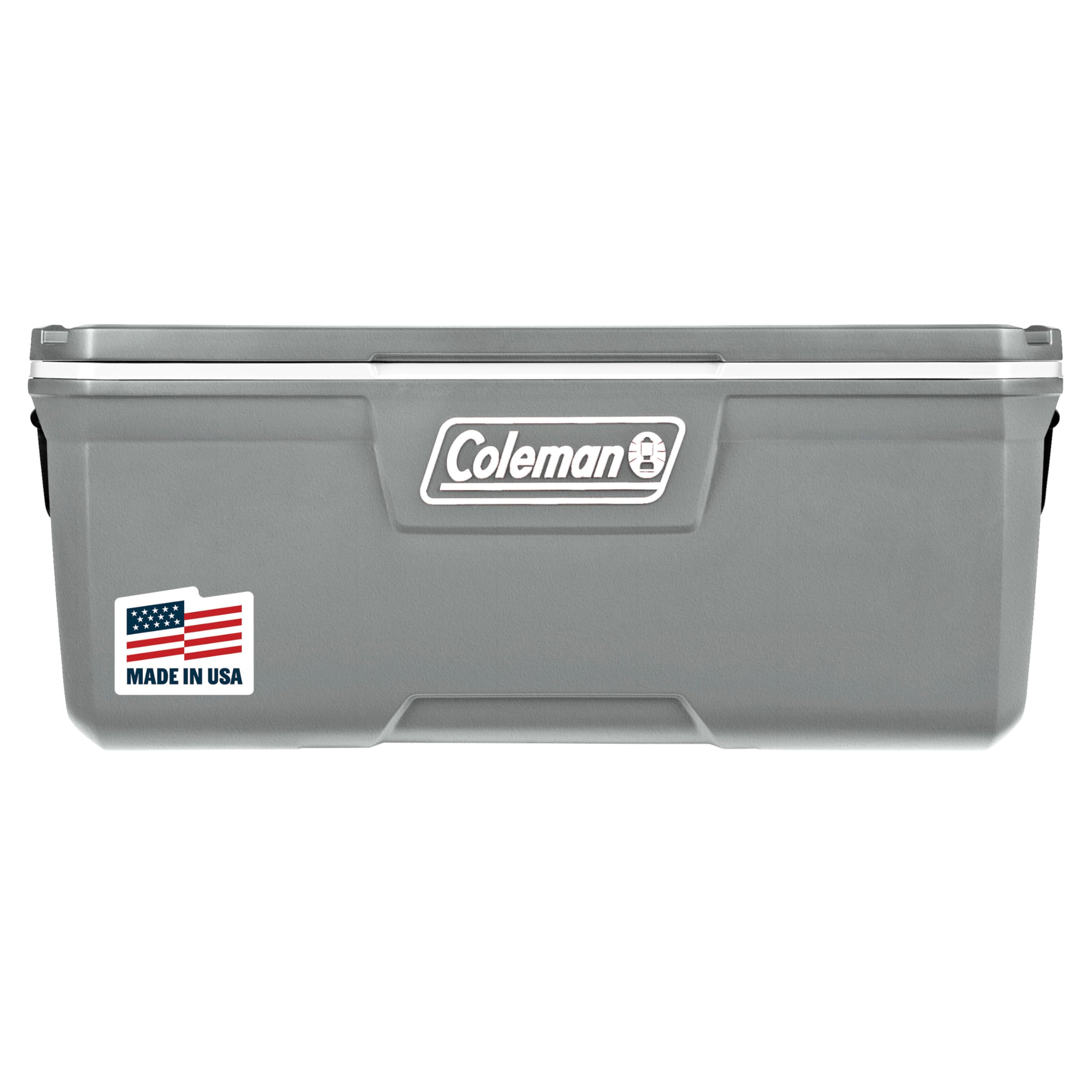 Coleman cooler front view in rock grey showing durable exterior and capacity benefit