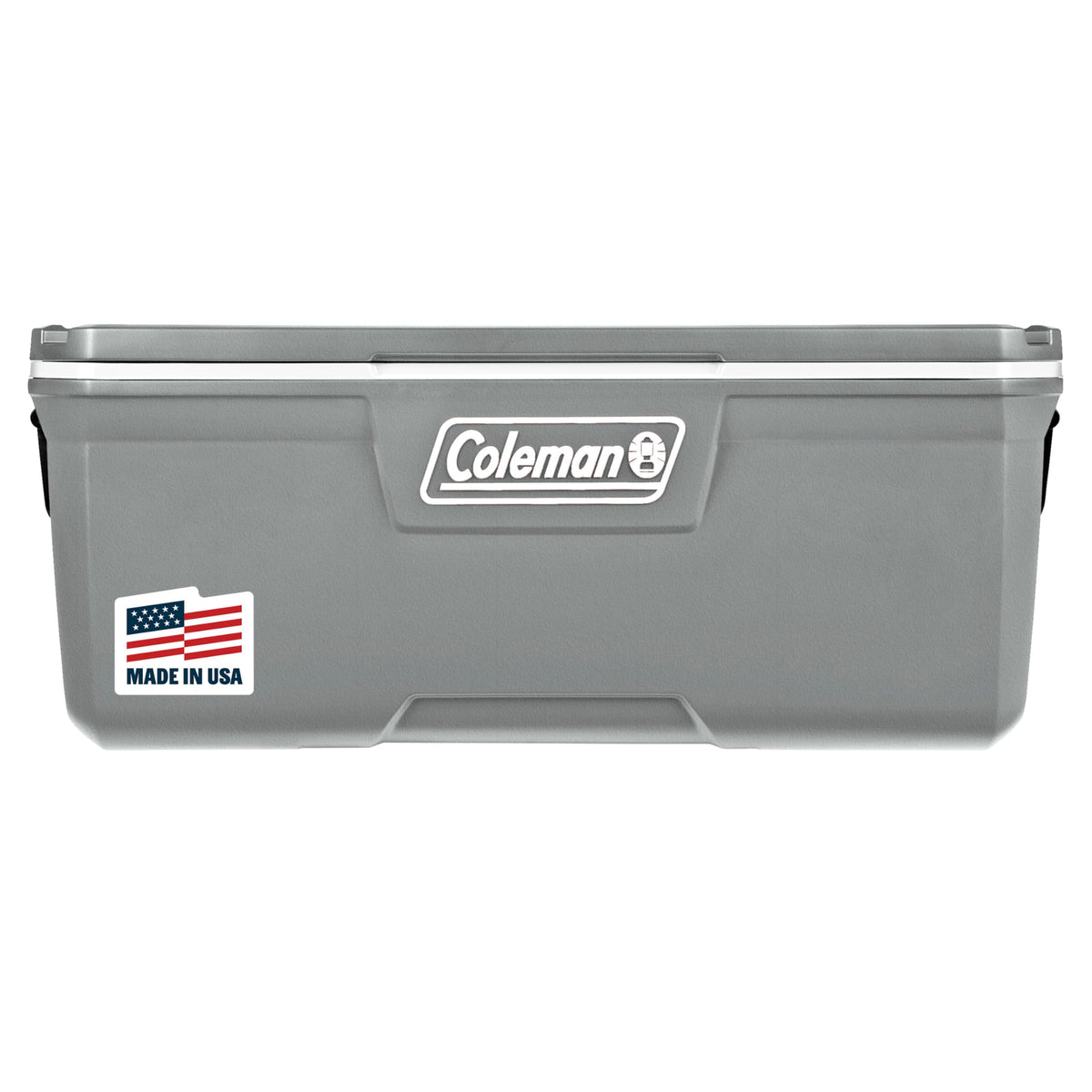 Coleman cooler front view in rock grey showing durable exterior and capacity benefit