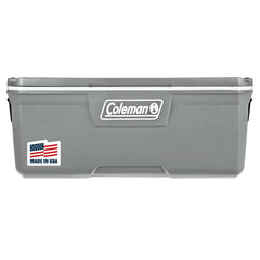 Coleman cooler front view in rock grey showing durable exterior and capacity benefit