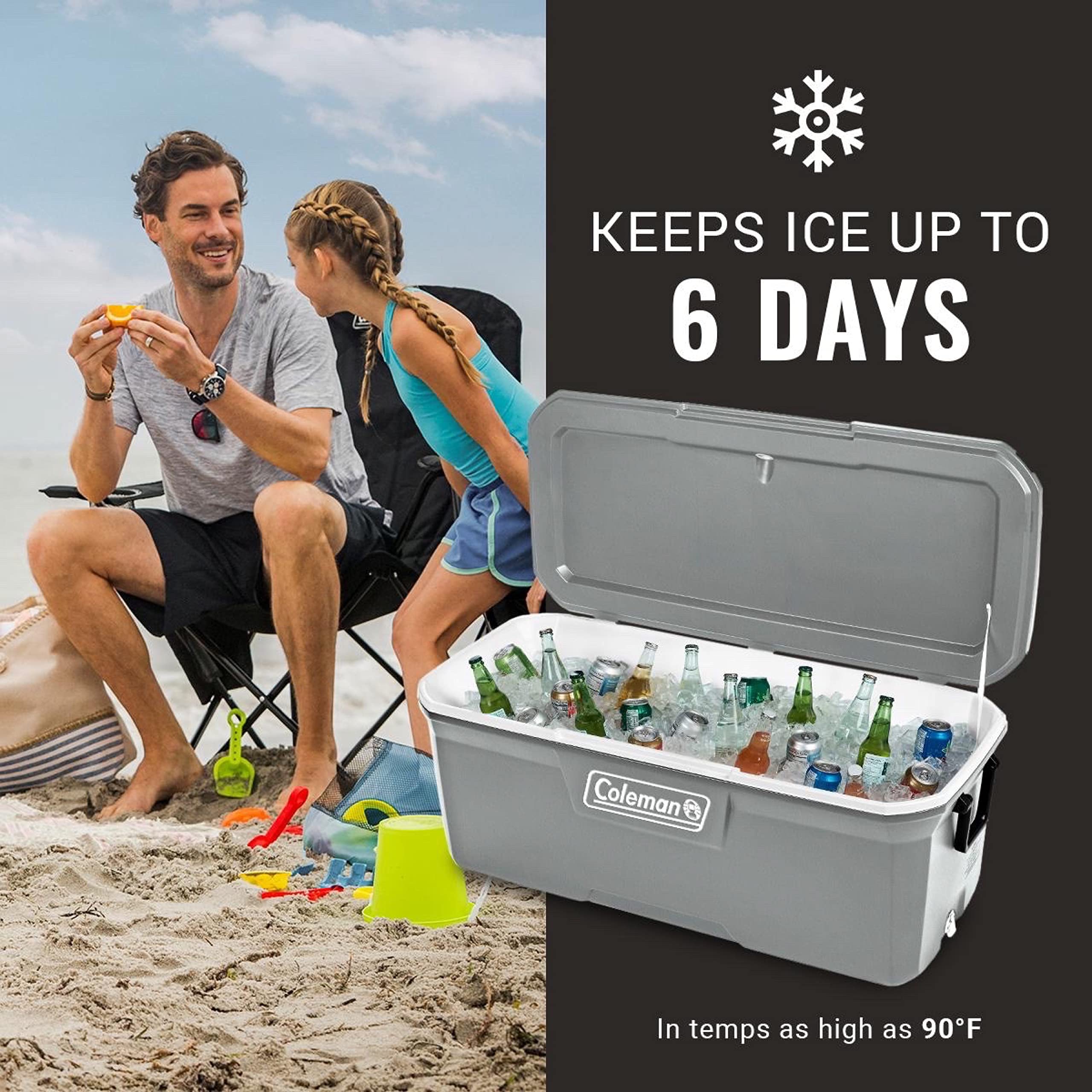 Coleman cooler open interior with ice and cans demonstrating long-lasting chill