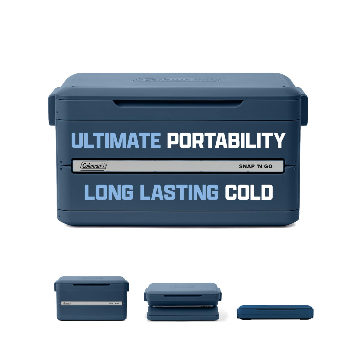 Coleman front view of sapphire blue cooler showing durable shell and easy access