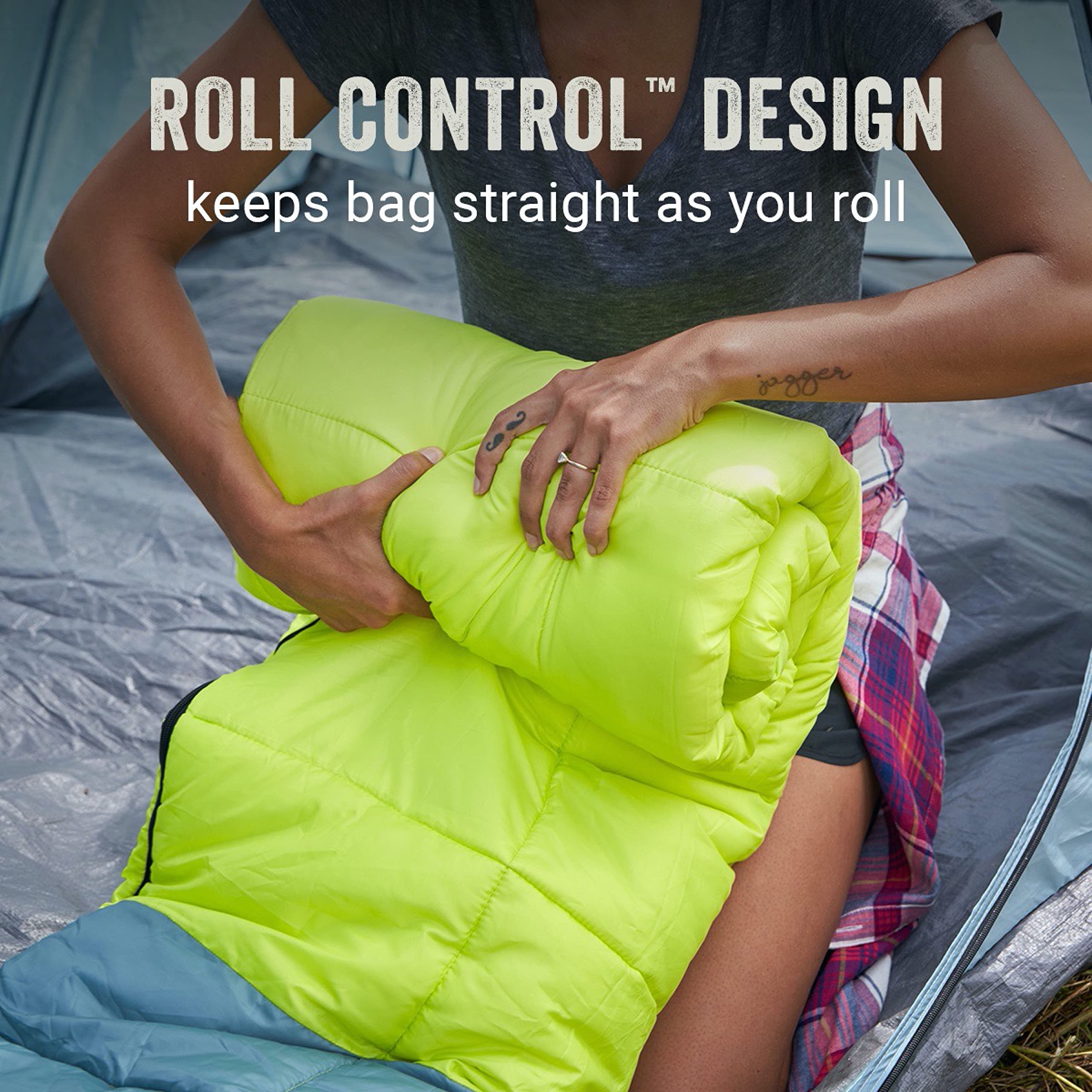 Coleman rolled sleeping bag with Quick Cord tied, demonstrating secure travel packing
