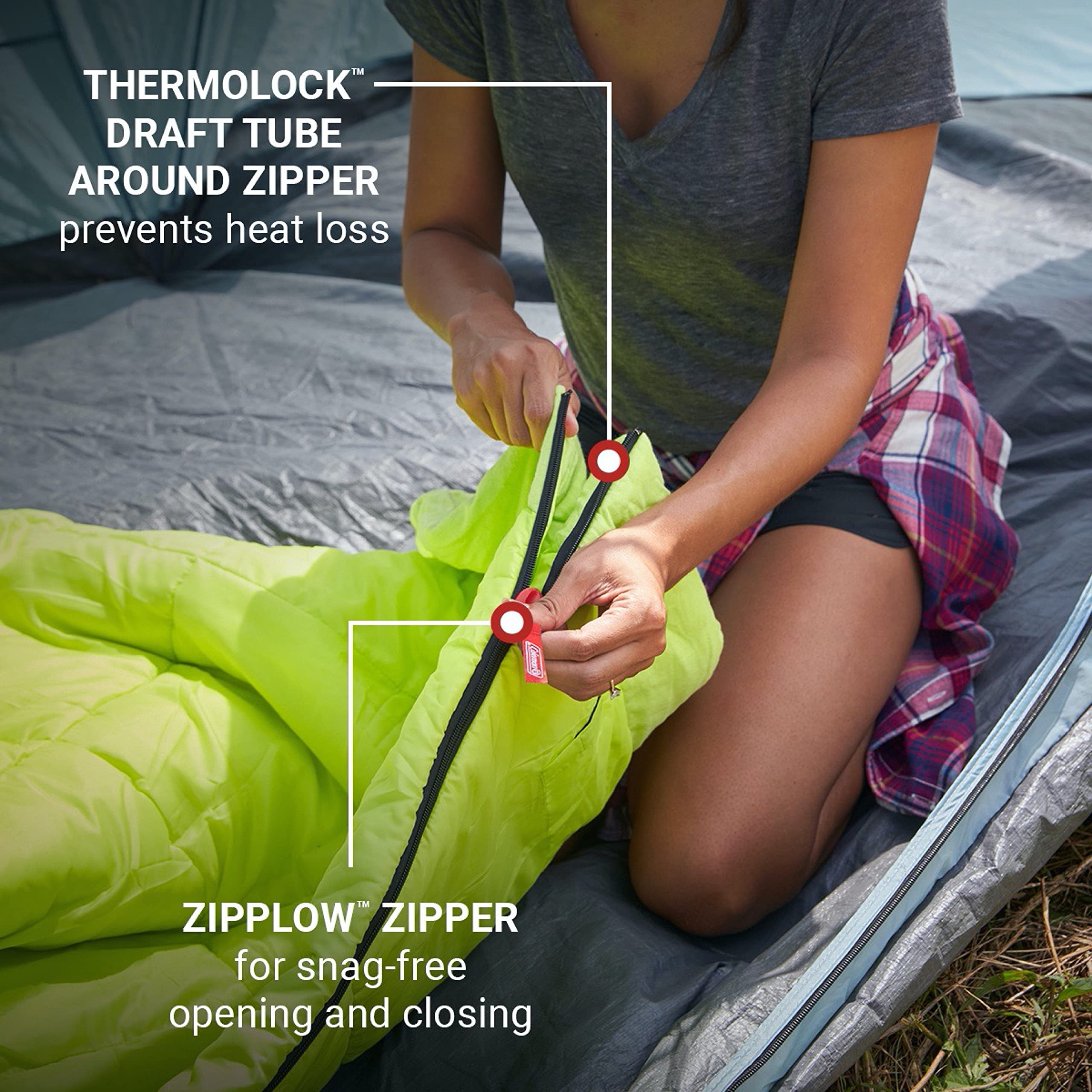 Coleman sleeping bag beside backpack illustrating compact packed size for hiking