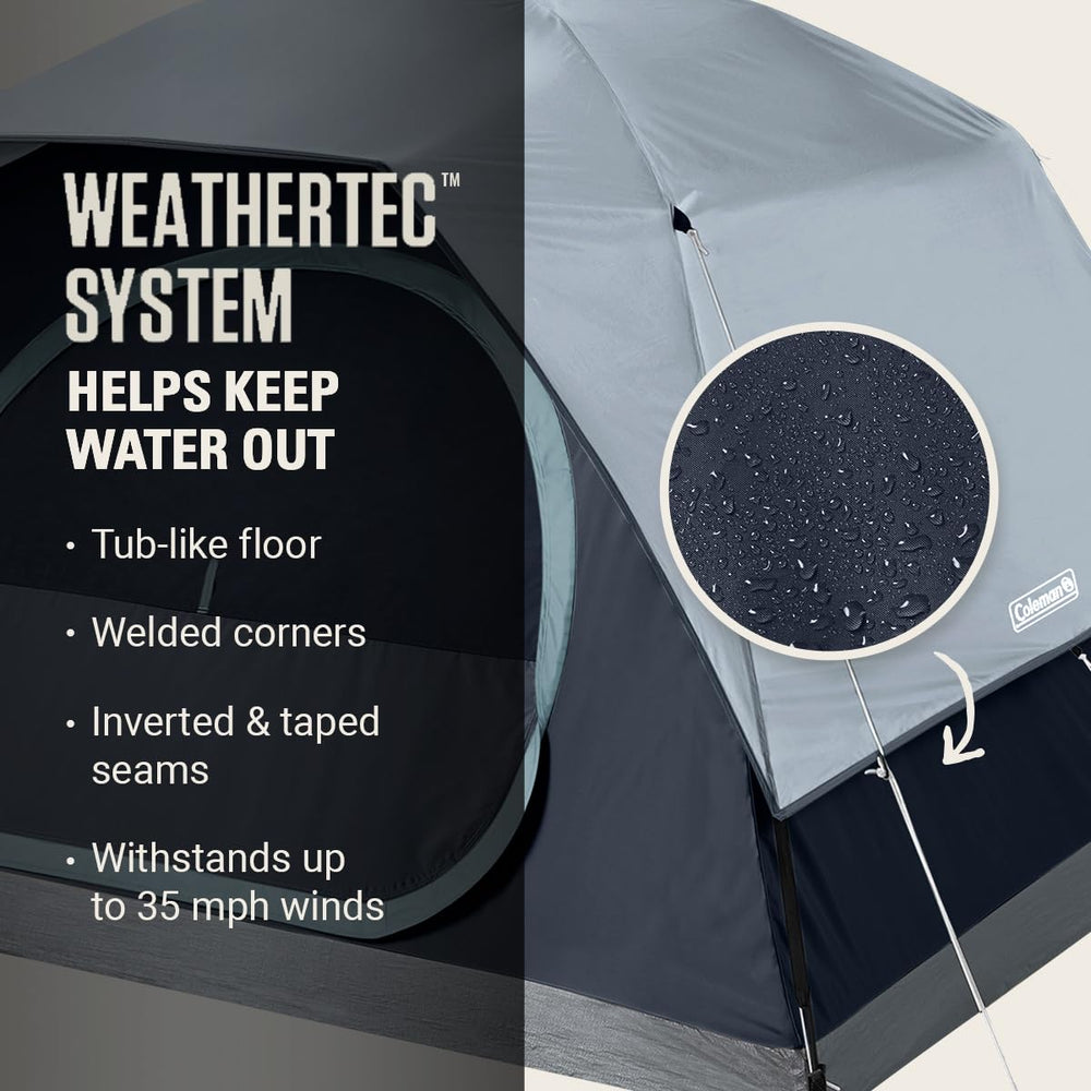 Coleman tent close seam detail showing WeatherTec welded corners and water protection benefit