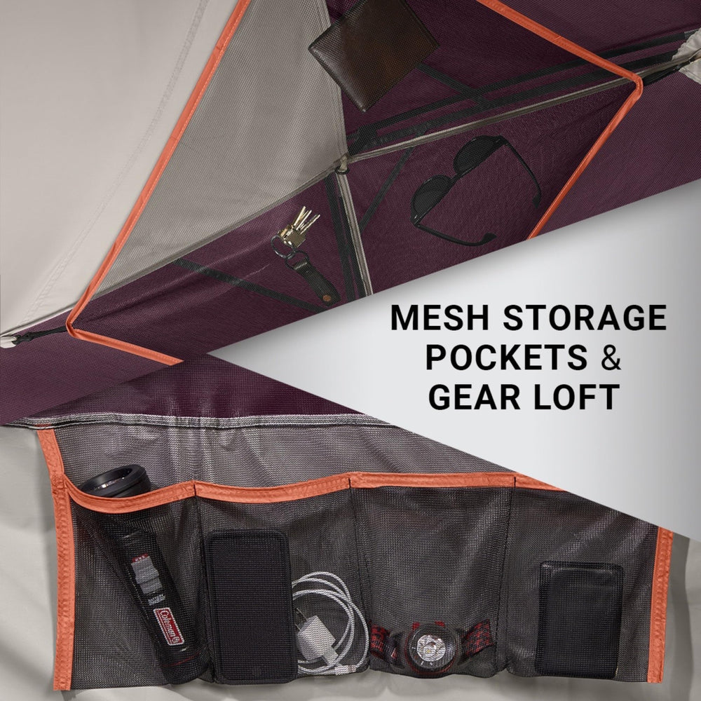Coleman Skydome gear loft and mesh pockets keeping small items organized