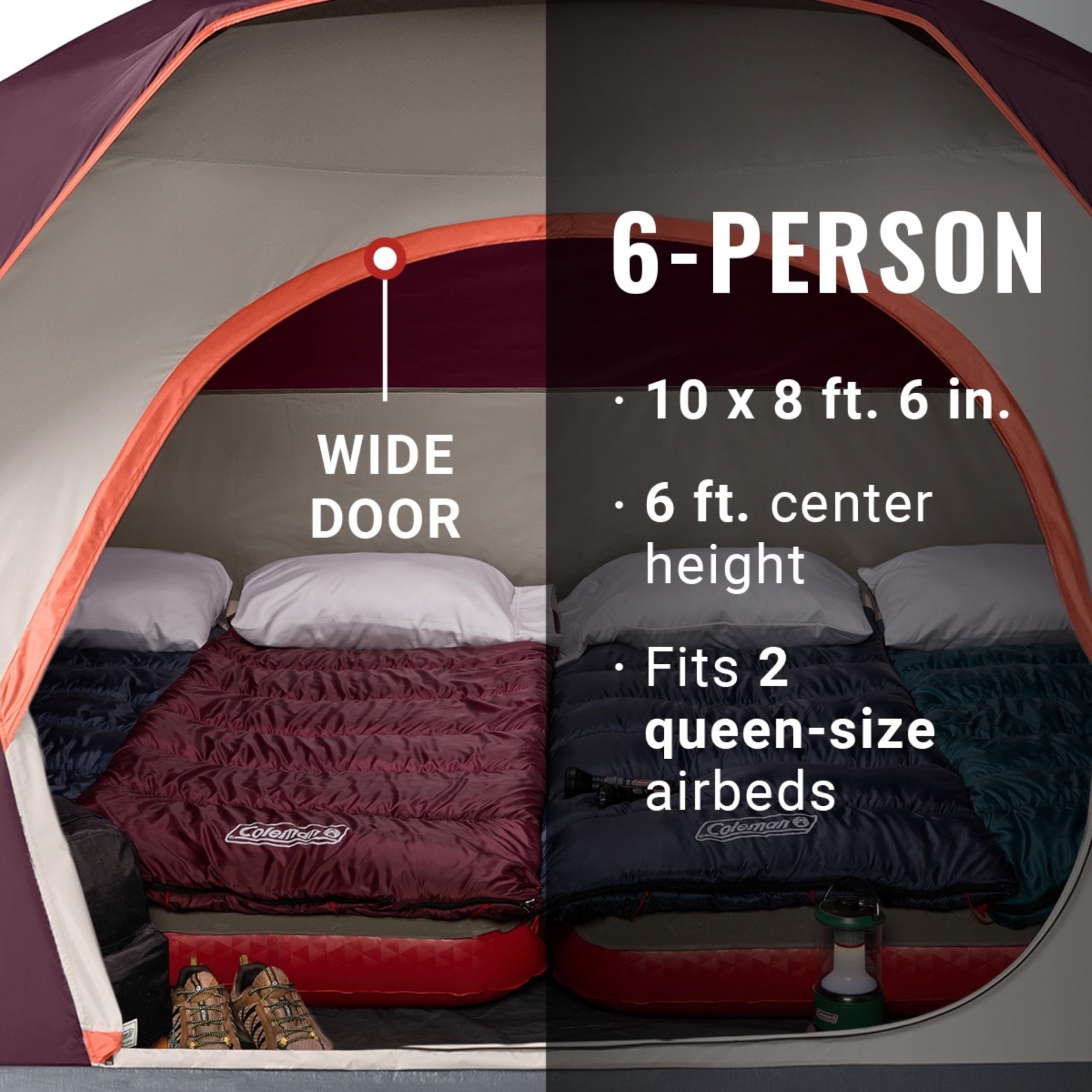 Coleman Skydome wide door open for easy gear loading and quick access
