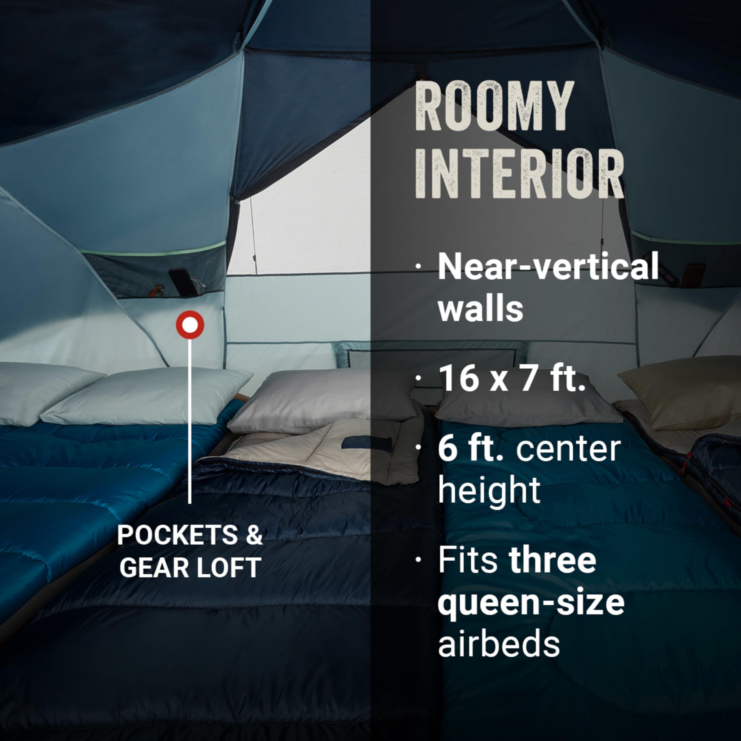 Coleman Skydome XL interior layout with three queen airbeds demonstrating roomy comfort