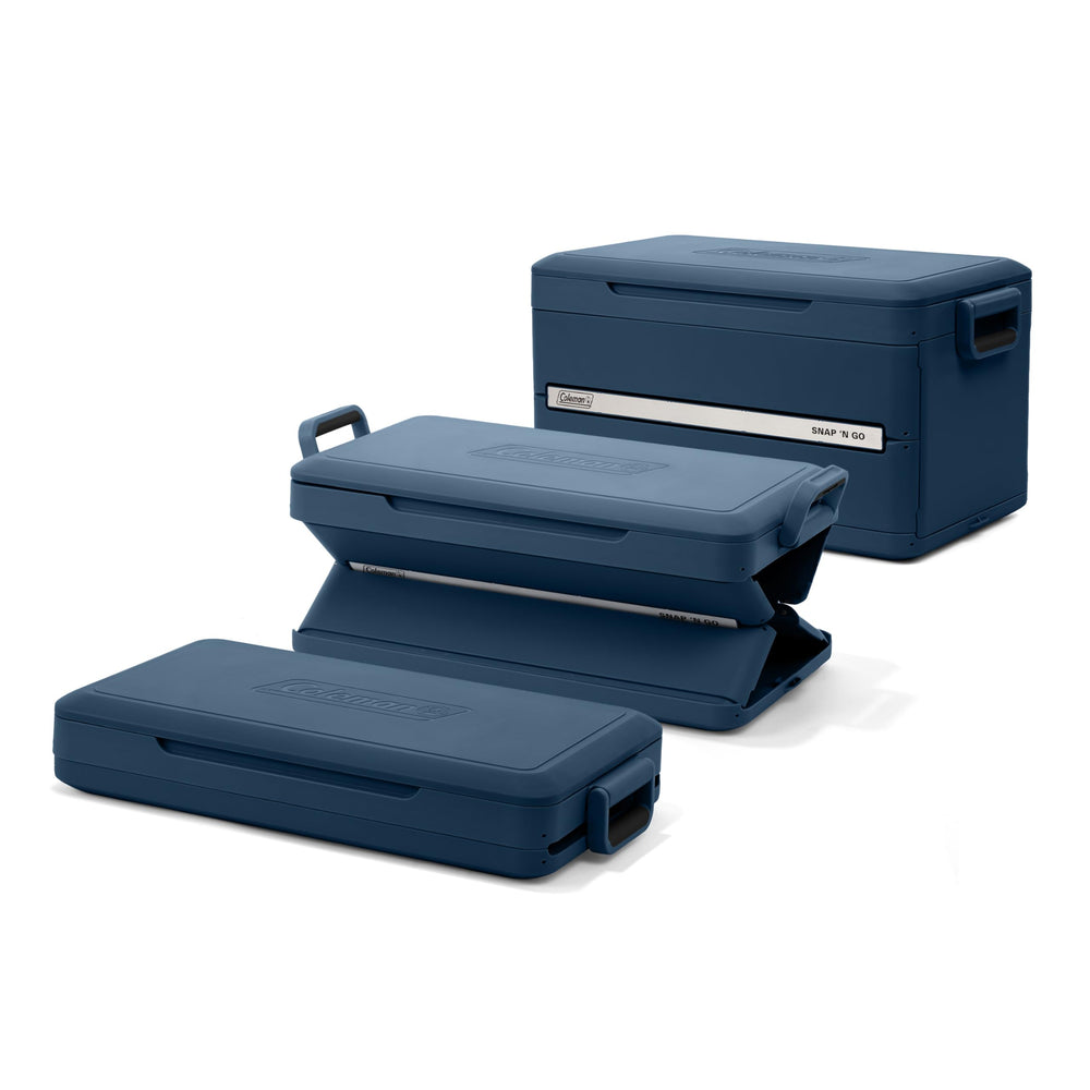 Coleman collapsed cooler folded to one-third height, showing compact storage benefit