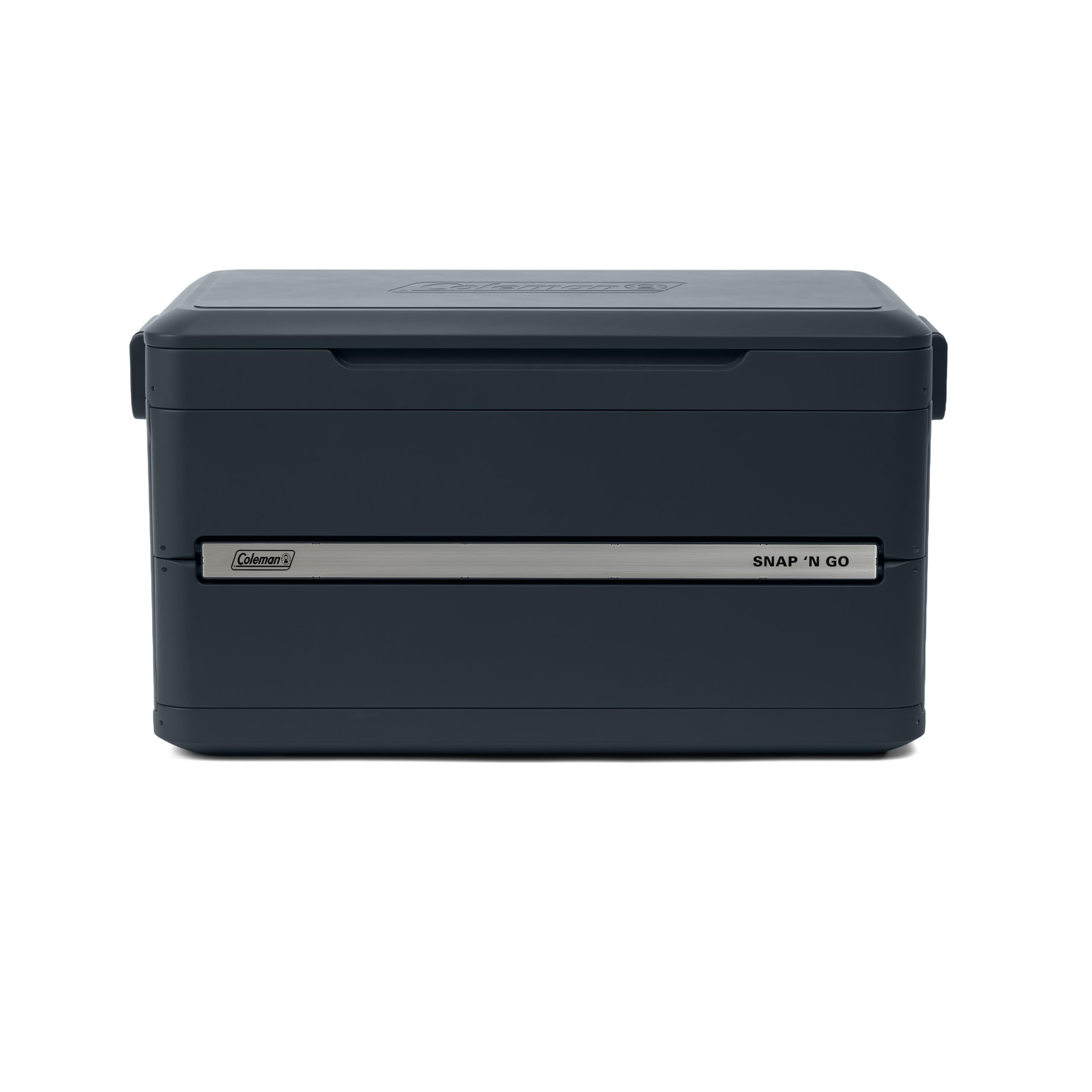Coleman cooler collapsed to one-third height for storage, saves trunk and closet space