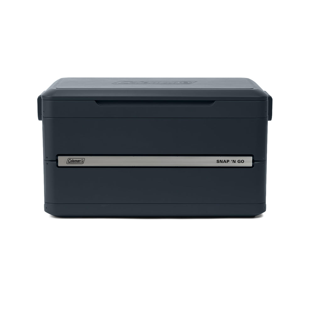 Coleman cooler collapsed to one-third height for storage, saves trunk and closet space