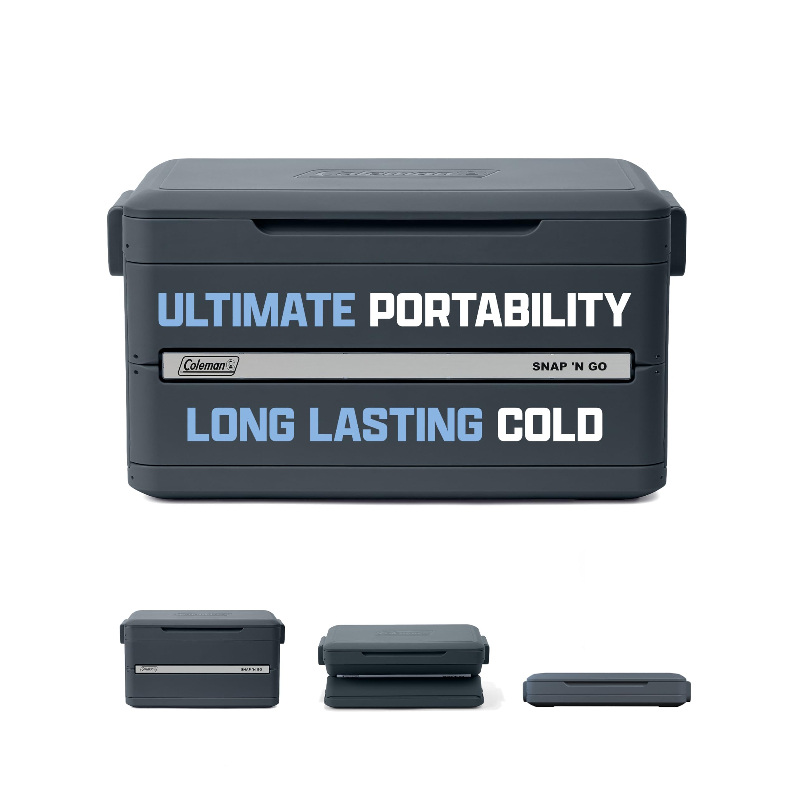 Coleman cooler front view showing mussel grey shell and compact profile, durable storage