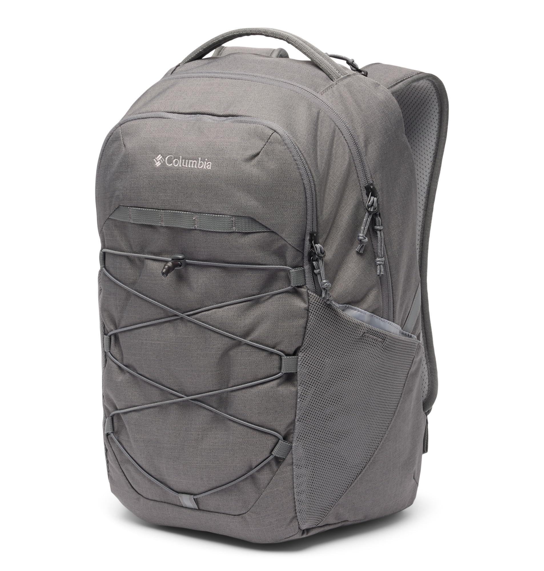 Columbia front view showing organized compartments and durable fabric benefit