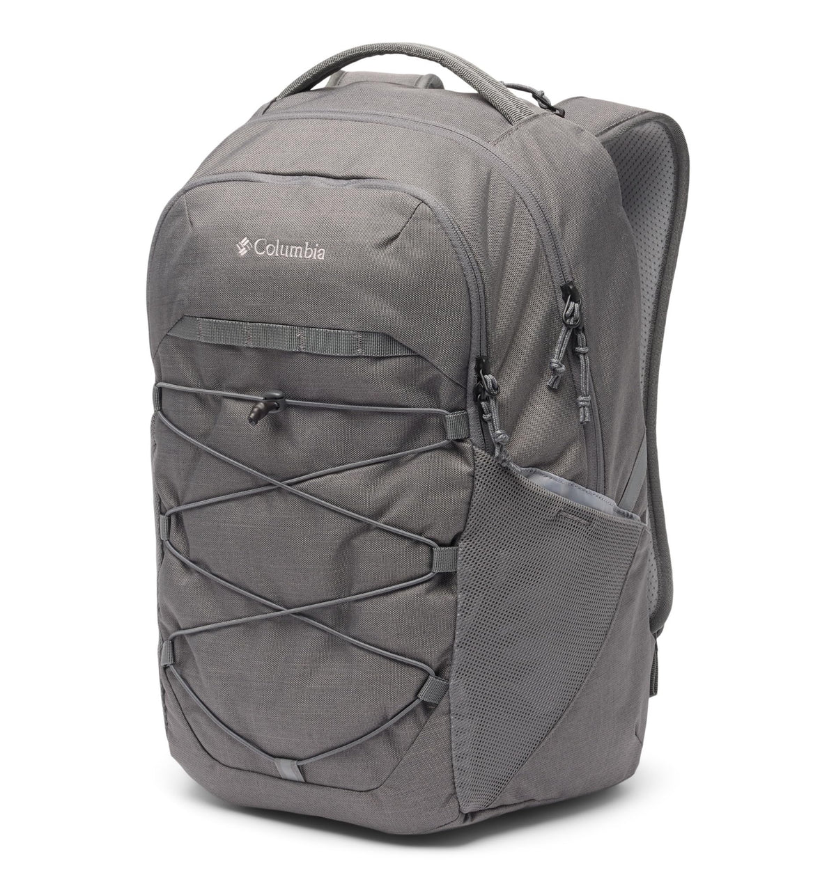 Columbia front view showing organized compartments and durable fabric benefit