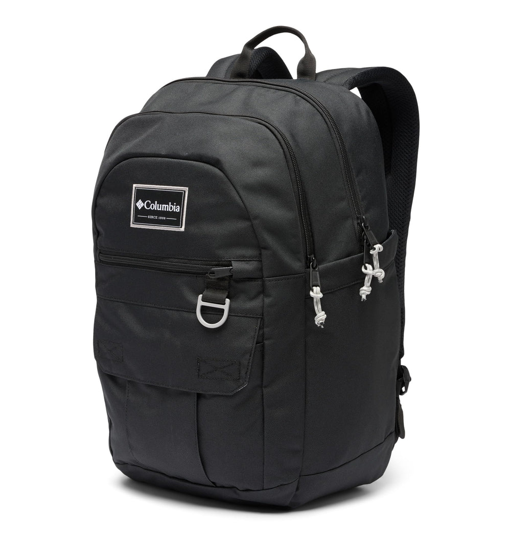 Columbia Buxton front view showing sleek silhouette and pocket layout for organized carry