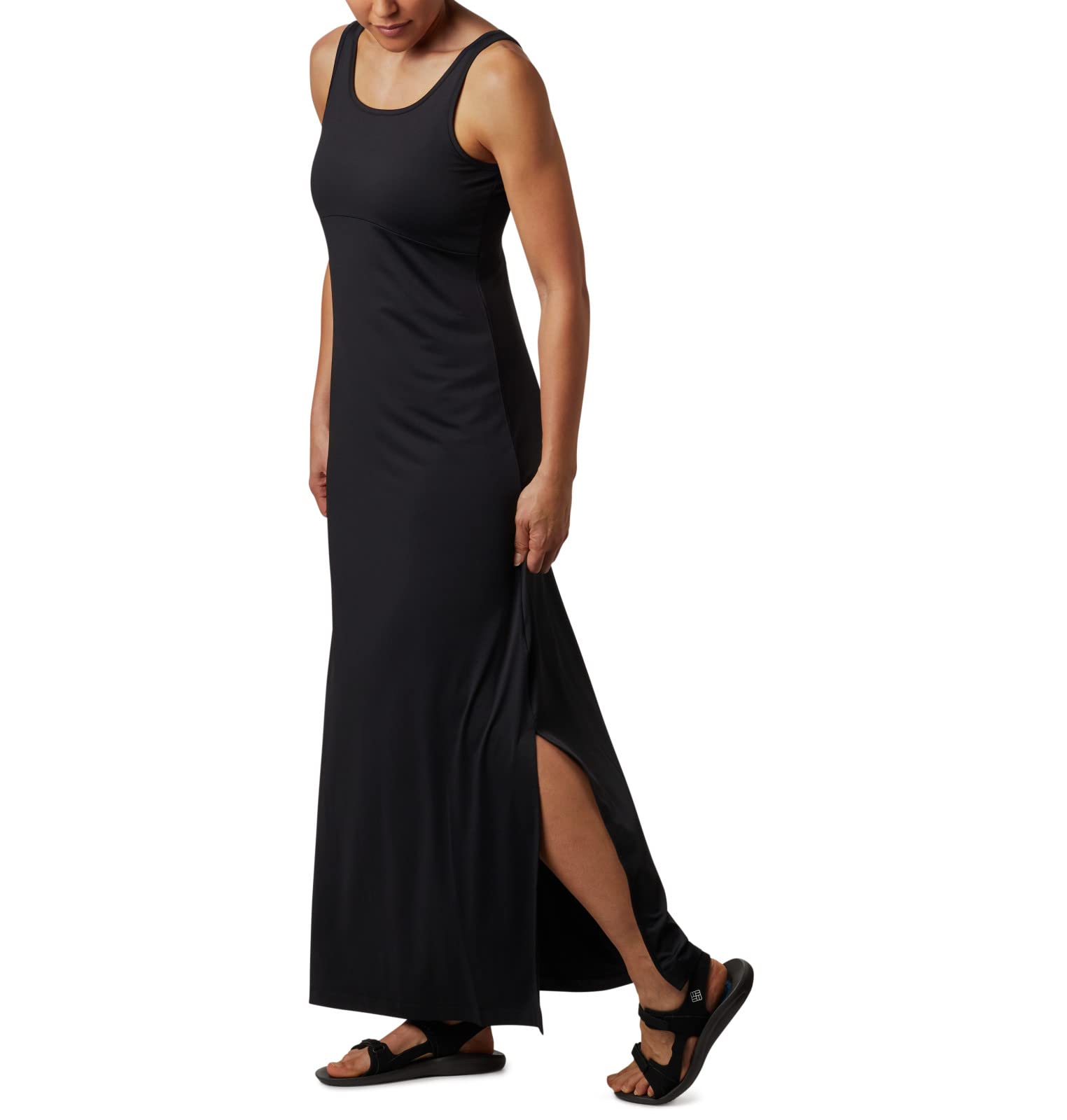 Columbia Freezer Maxi Dress next to measuring tape showing sizing and practical fit benefit