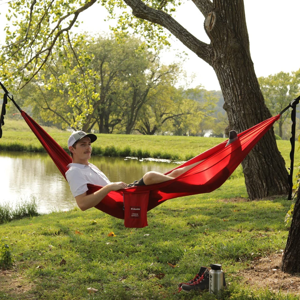 Columbia hammock in backyard lifestyle shows relaxed outdoor comfort benefit