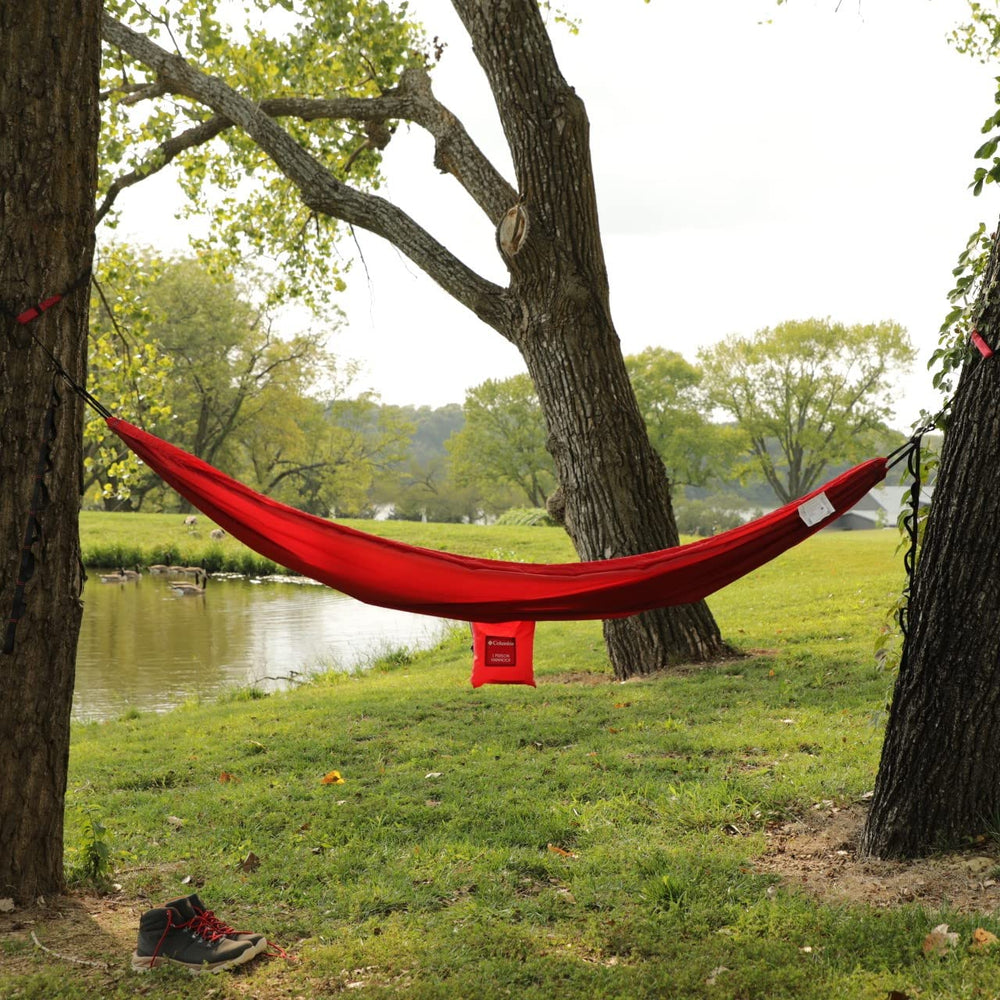 Columbia hammock beside water bottle shows size and lightweight benefit