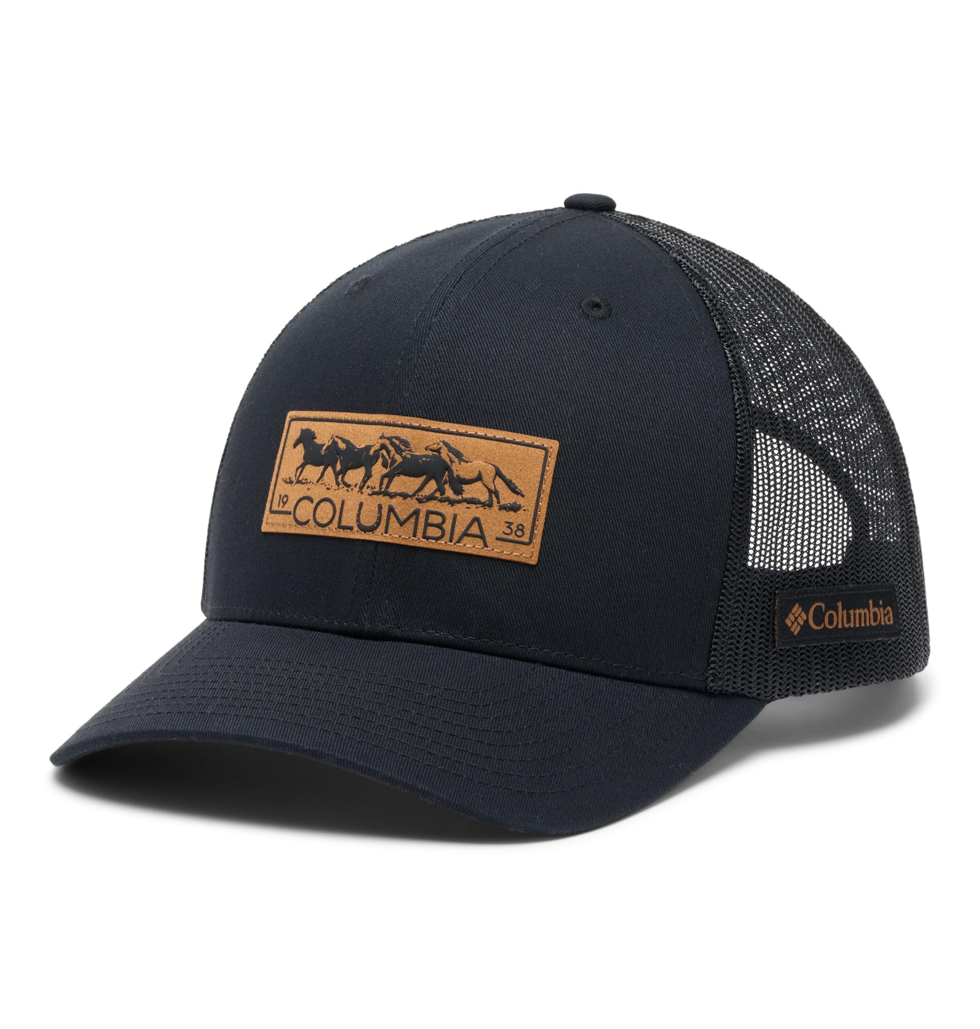 Columbia cap front view showing Black/Wild Horses design and versatile coverage