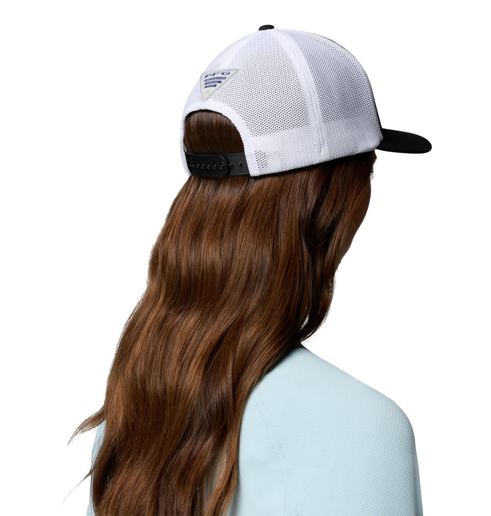Columbia hat worn by angler on boat showing practical sun coverage and breathability