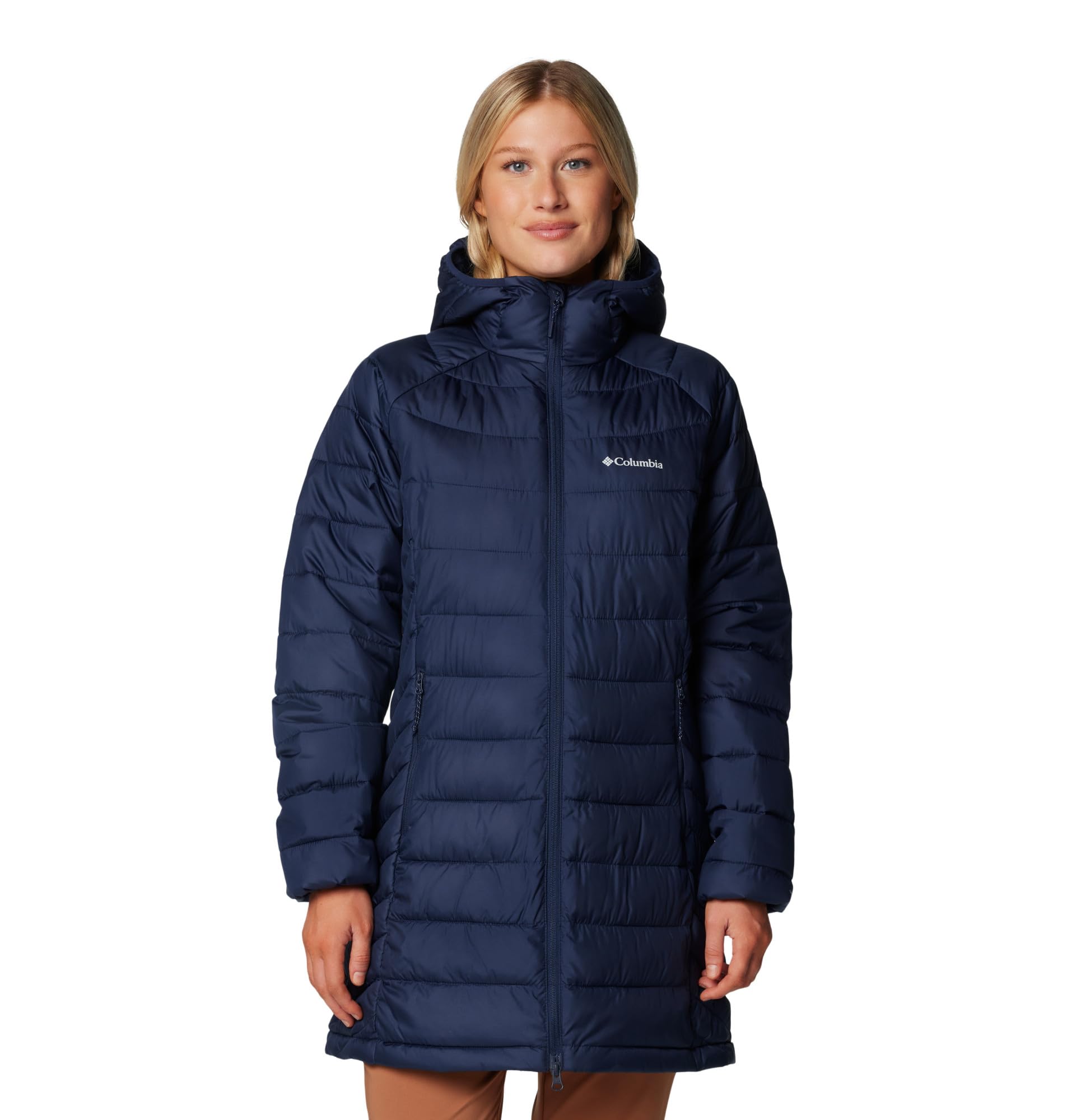 Columbia jacket front view in collegiate navy shows versatile warmth