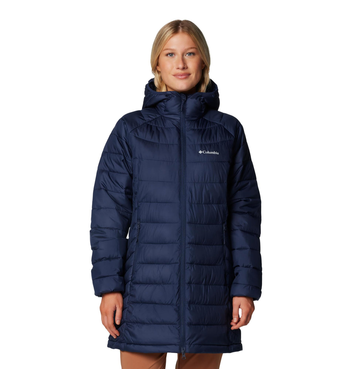 Columbia jacket front view in collegiate navy shows versatile warmth