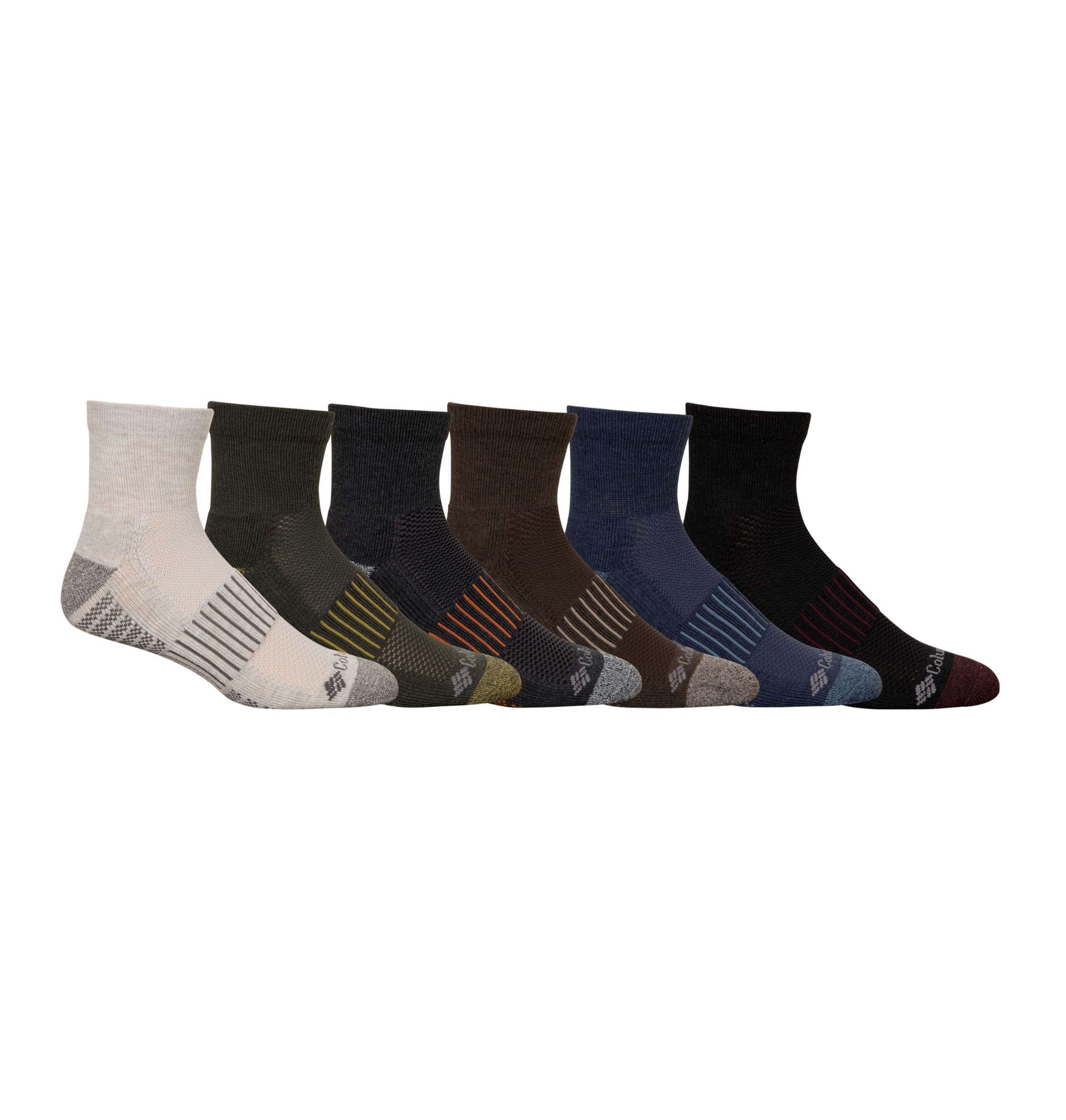 Columbia front packaging showing six-color sock pack with cushioned arch benefit