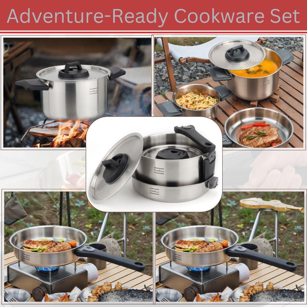 Comfilux cookware in use on a camp stove for outdoor meal preparation