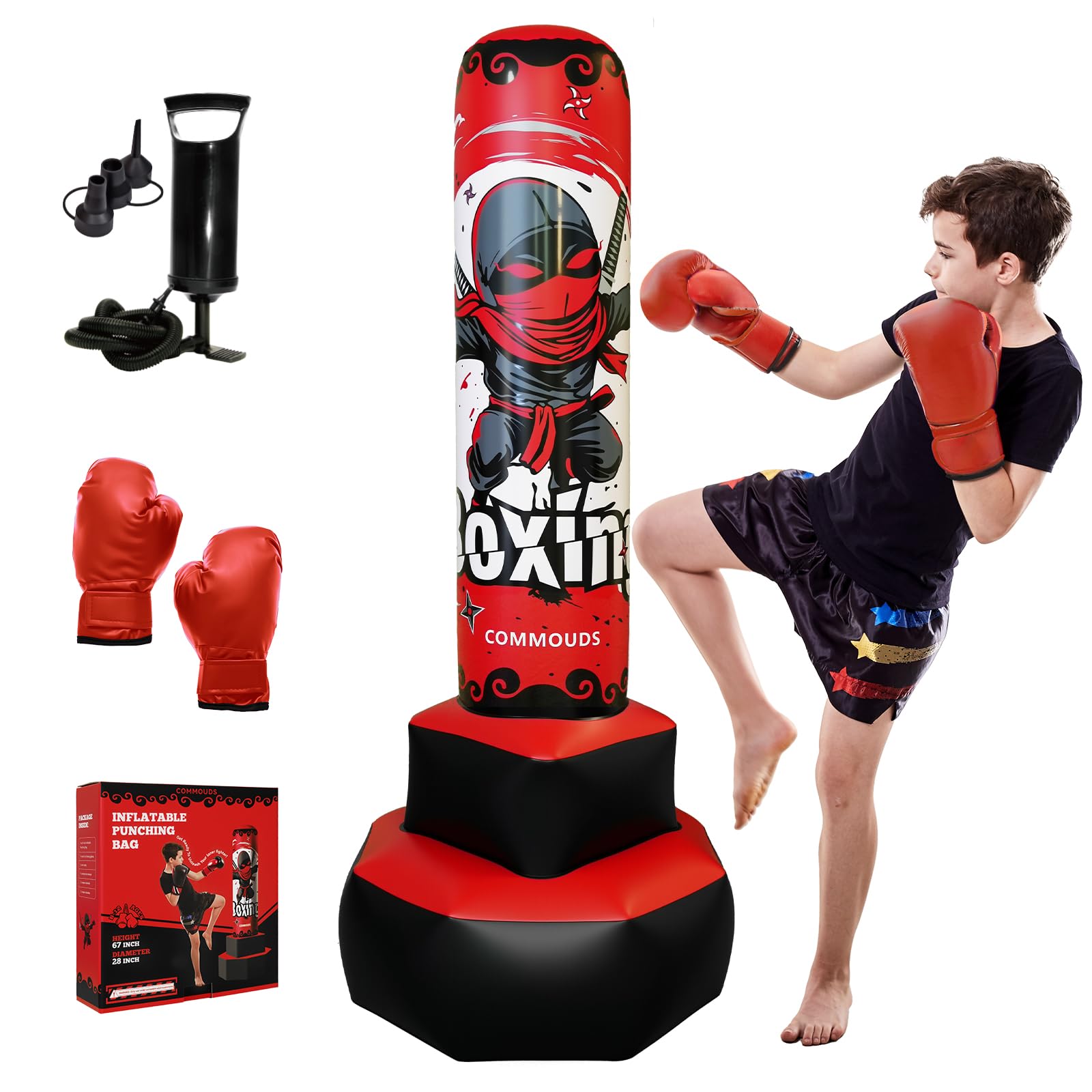 COMMOUDS front view of full 67-inch inflatable bag showing safe design and height