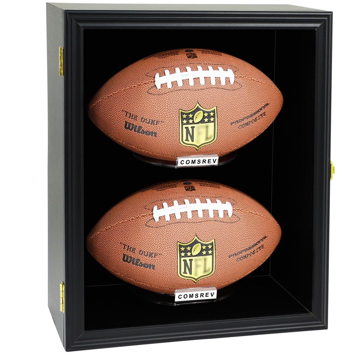 COMSREV front view of black display case showing clean presentation and protection