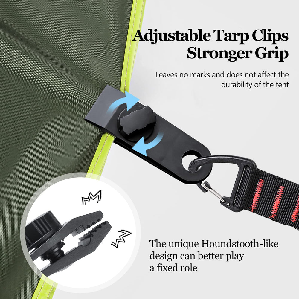 CONBOLA tarp clip attached to fabric showing secure fastening benefit