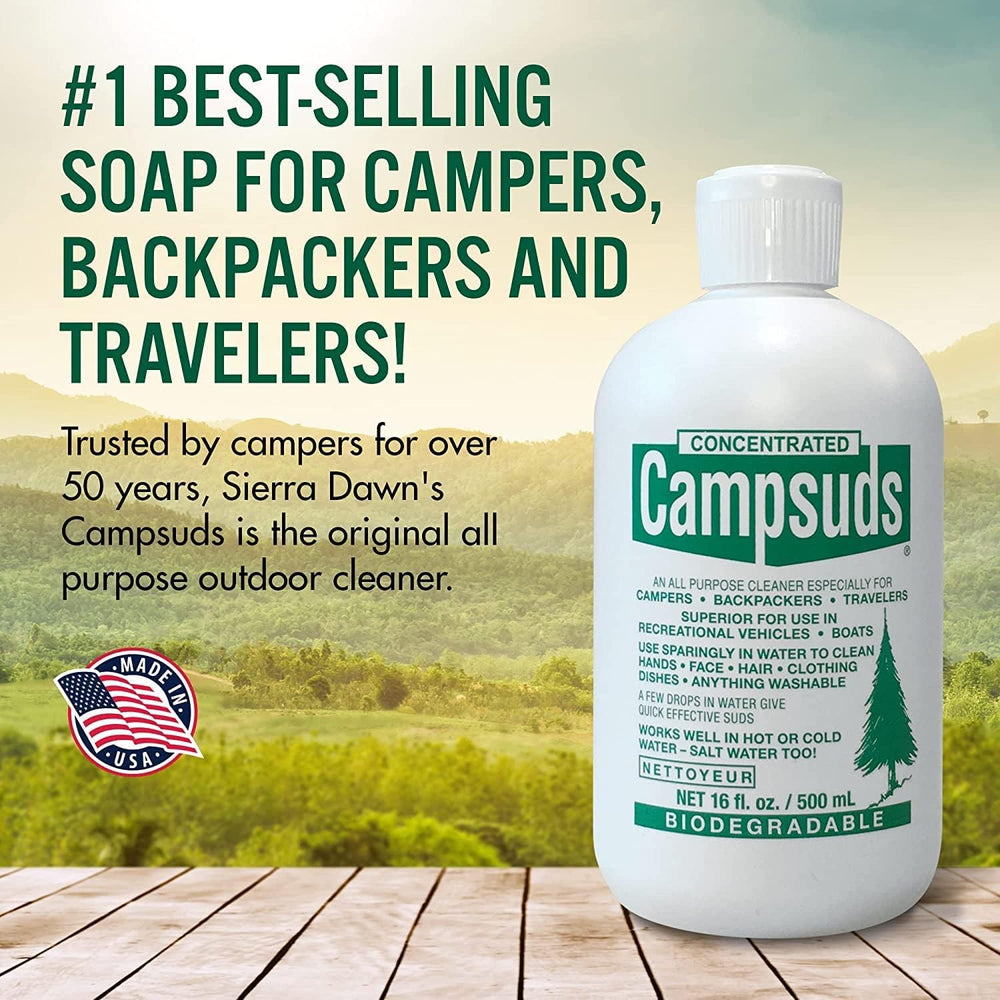 CONCENTRATED CAMPSUDS back label with directions and ingredient overview for safe use