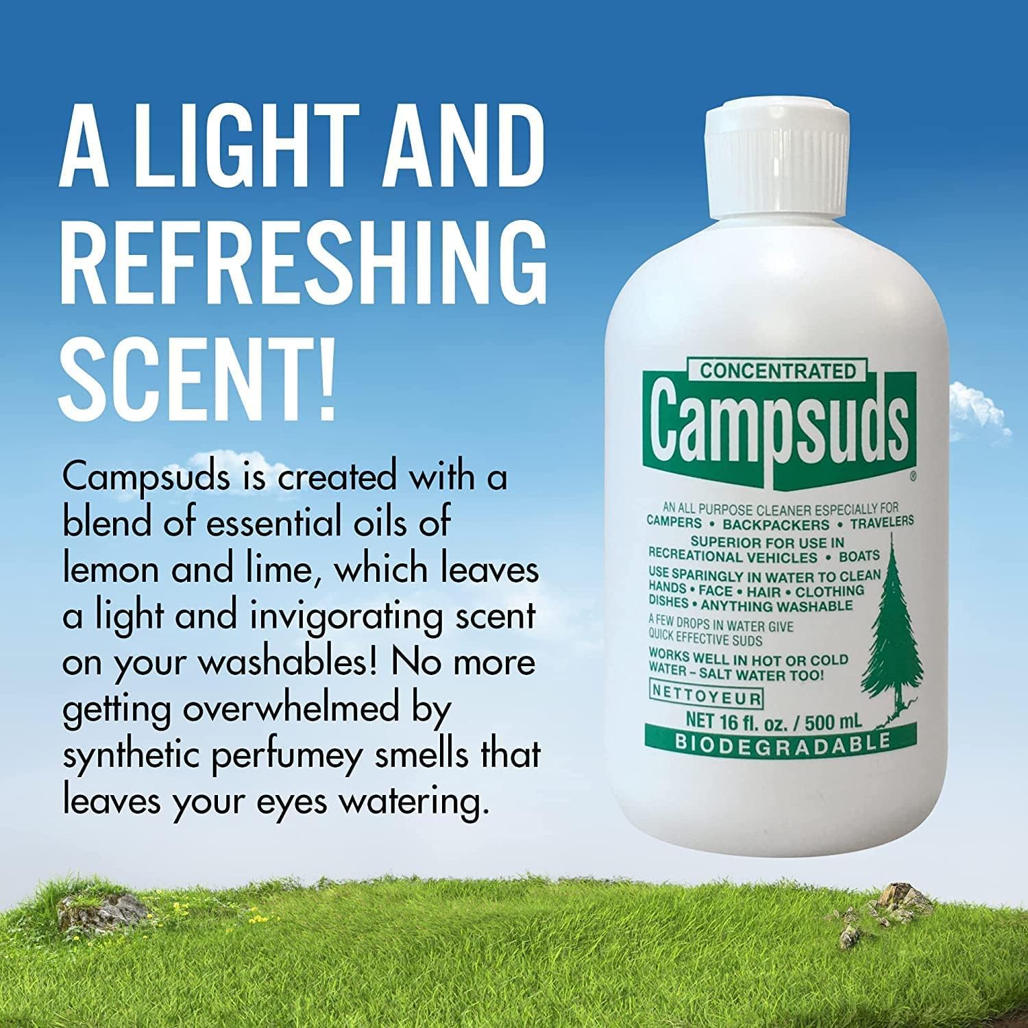 CONCENTRATED CAMPSUDS used at a camp dishwashing station, effective grease removal benefit