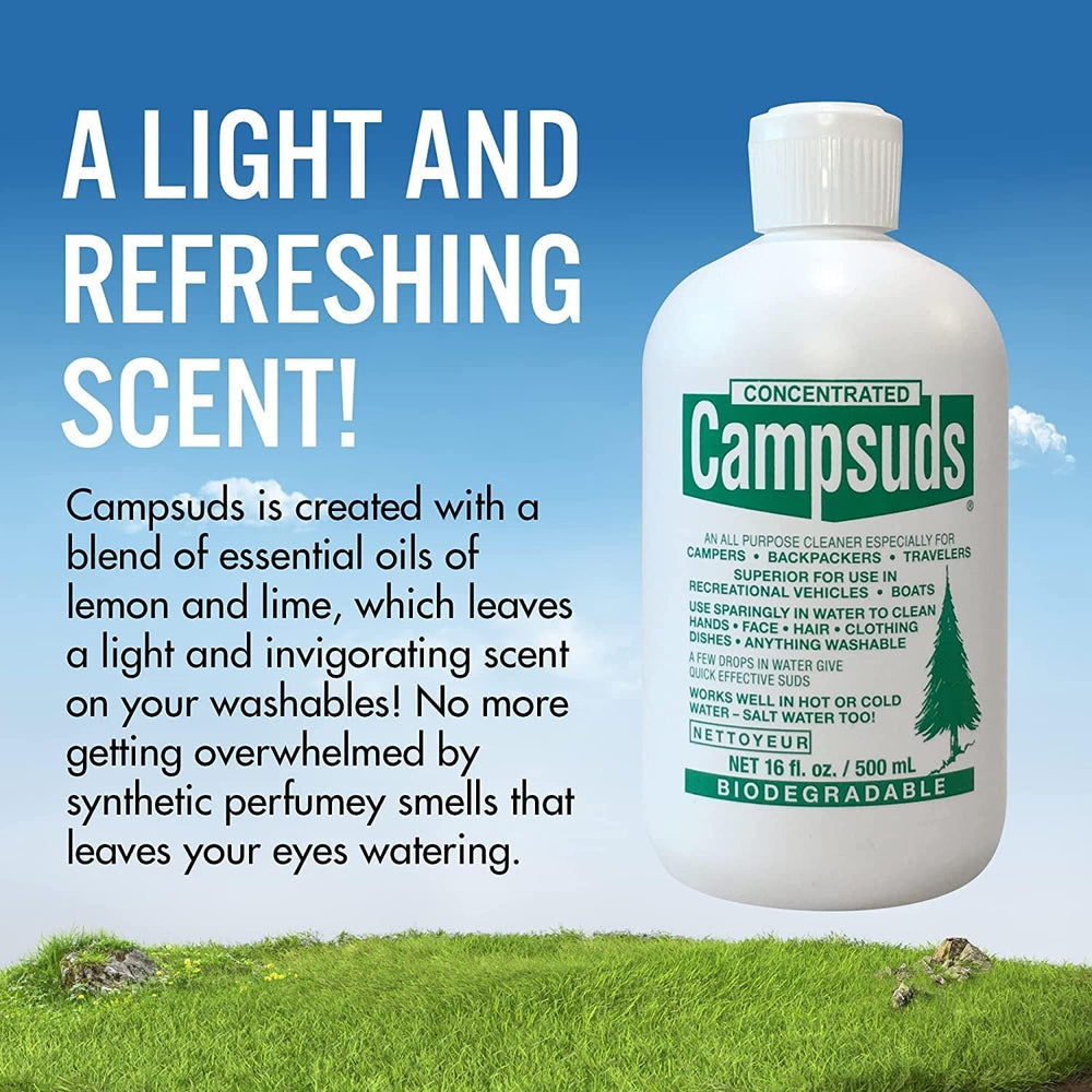 CONCENTRATED CAMPSUDS used at a camp dishwashing station, effective grease removal benefit