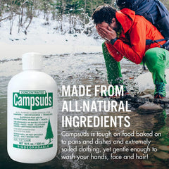 CONCENTRATED CAMPSUDS pouring a few drops producing suds, efficient cleaning benefit
