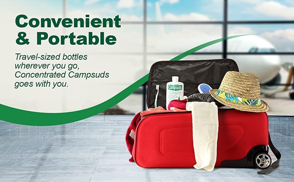 CONCENTRATED CAMPSUDS bottle on RV or cabin counter, multi-use convenience benefit