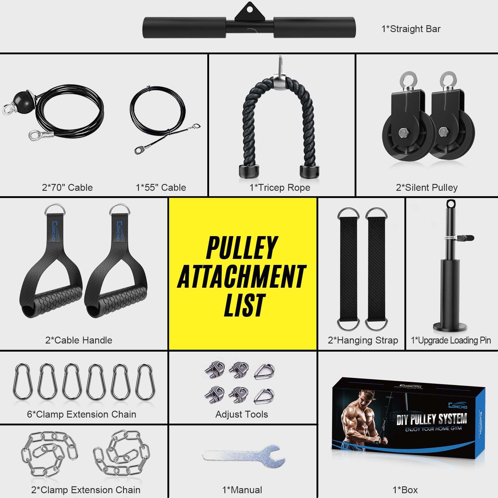 Concho cables and extension chain arranged showing adjustable reach benefit