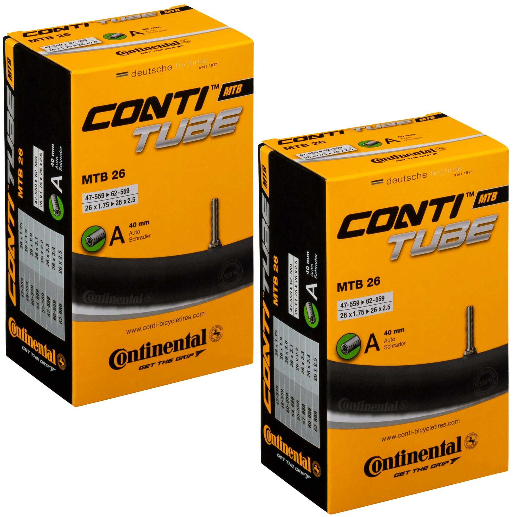 Continental tube front view showing size and pack, durable spare for riders