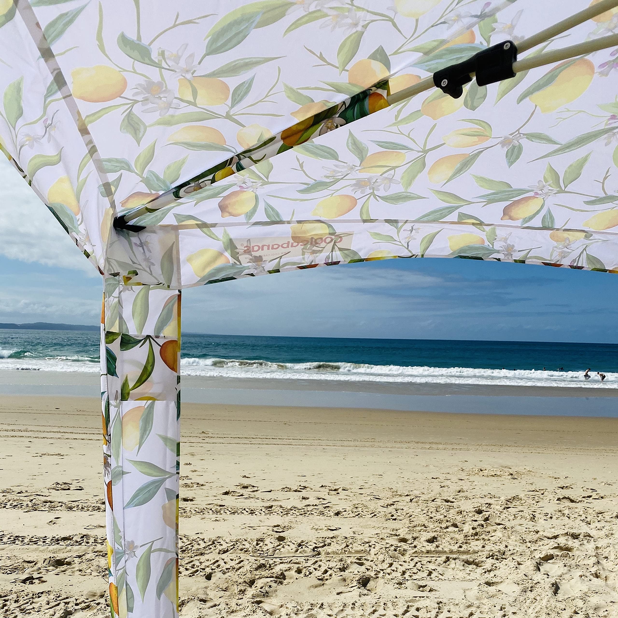 CoolCabanas sewn label and UPF tag confirming fabric sun-protection rating