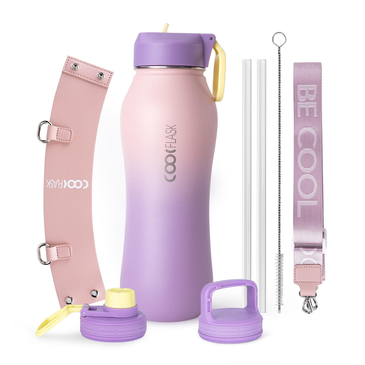 Coolflask front view lilac showing bottle and sleeve for stylish hydration