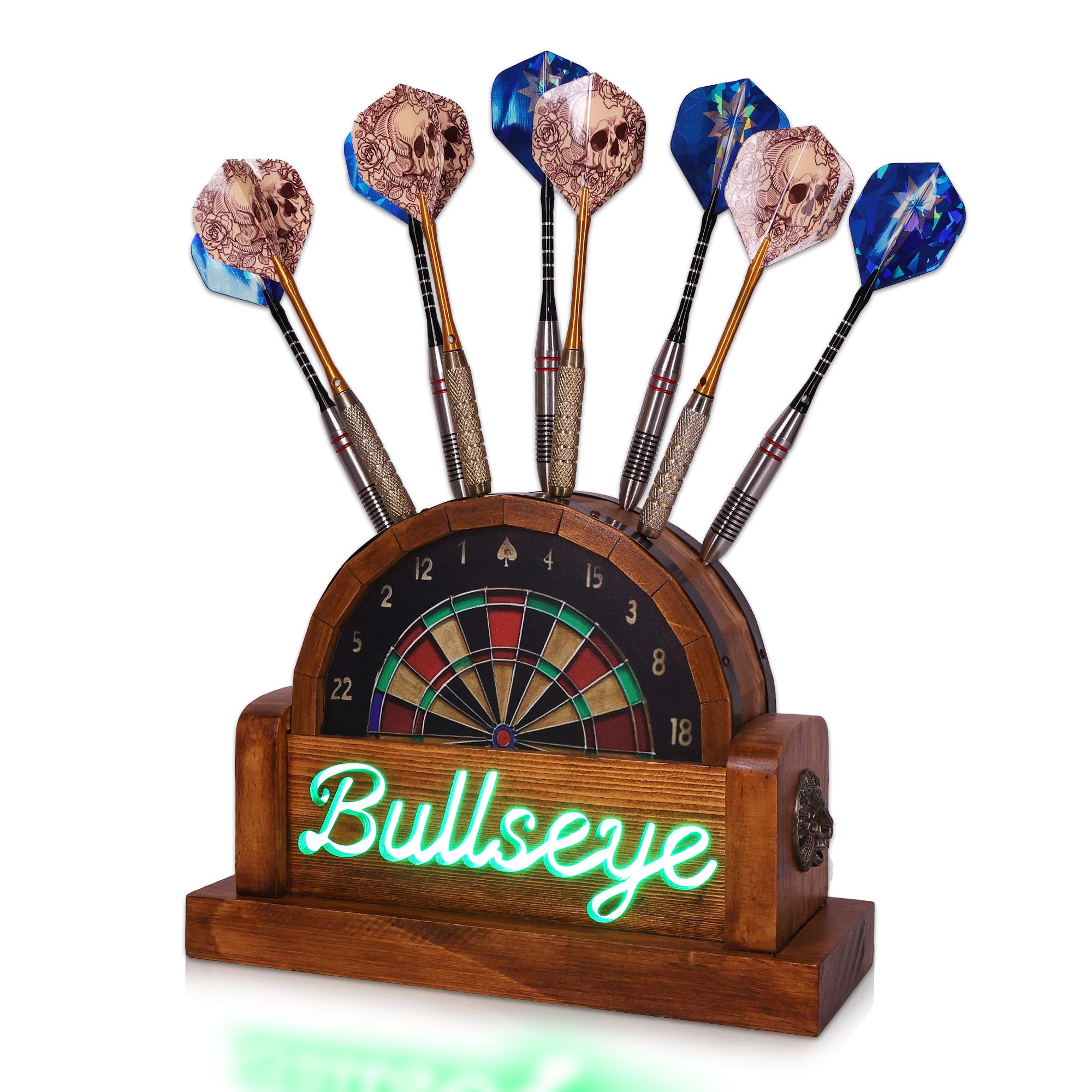 CoolGift Mart front view of wooden LED dart stand showing organized darts and display benefit