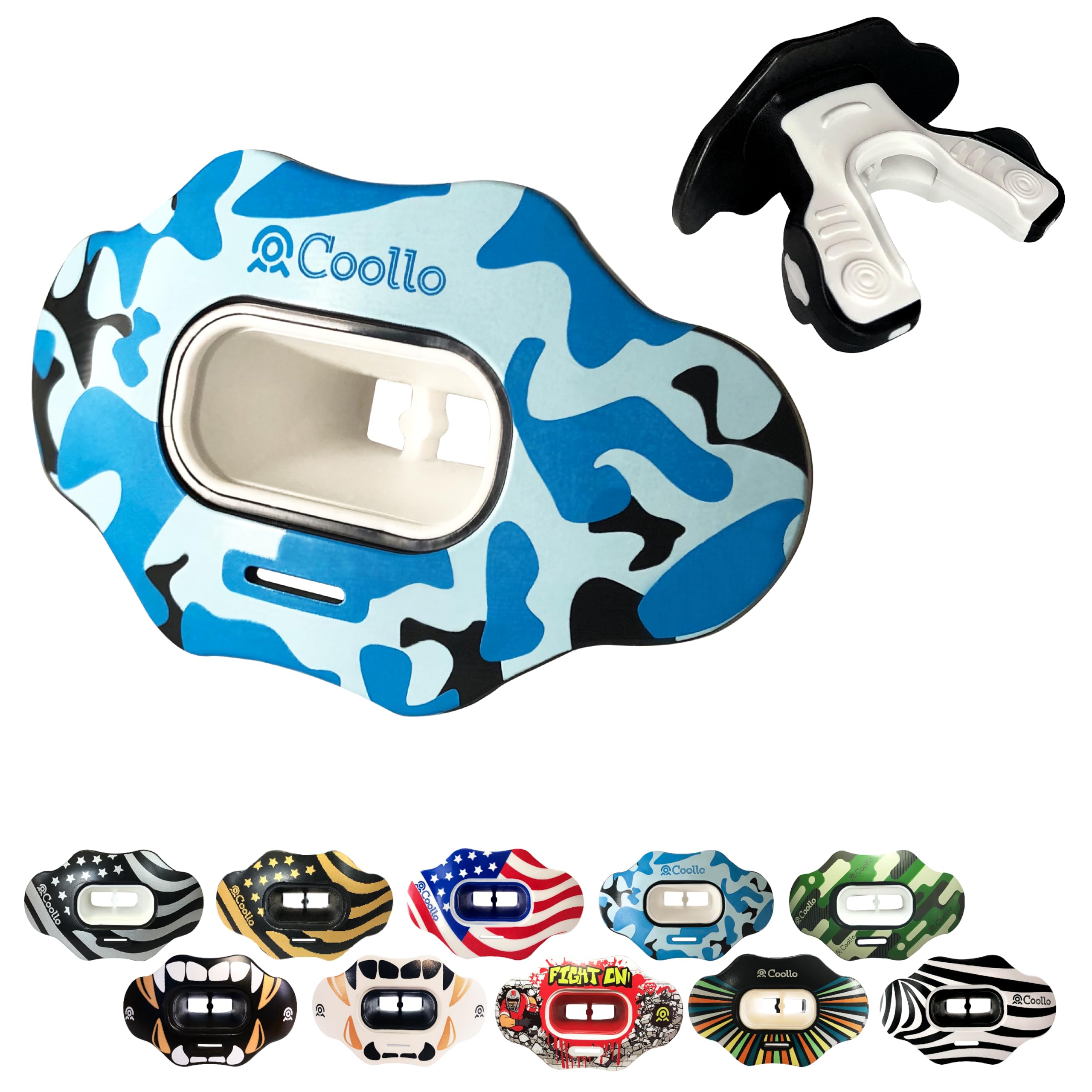 COOLLO SPORTS front view of camo blue mouthguard showing protective coverage and comfort